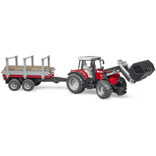 Bruder Farm Toy MF 7480 w/Front Loader, Timber Trailer & 3 Trunks 2046 In Stock